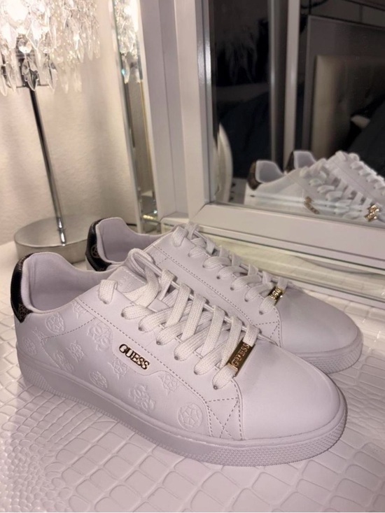 Guess Shoes - GUESS White Low-Top Sneakers with Brown Heel Tab and Gold Accents